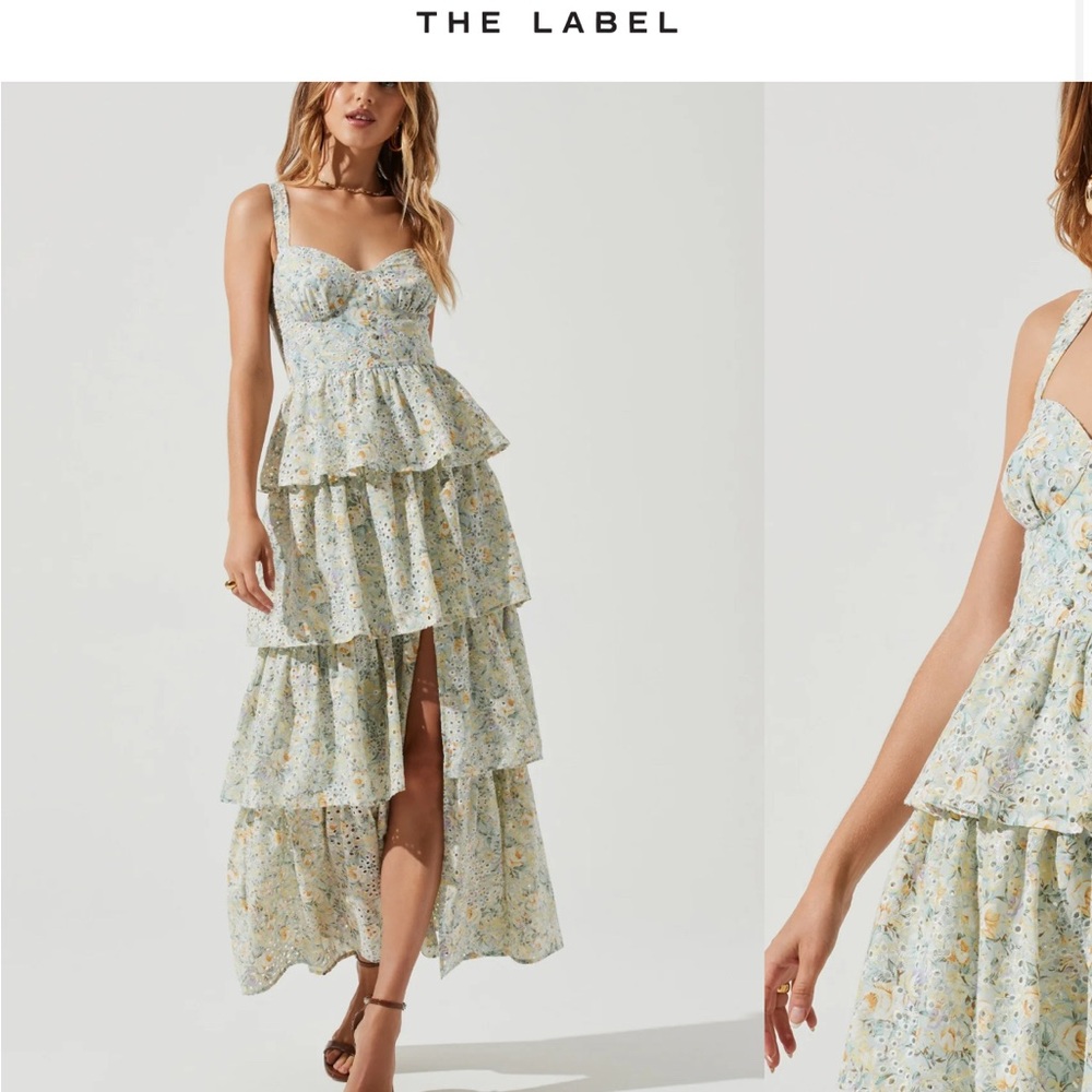 Astr High Low Floral Dress in Blue and Cream